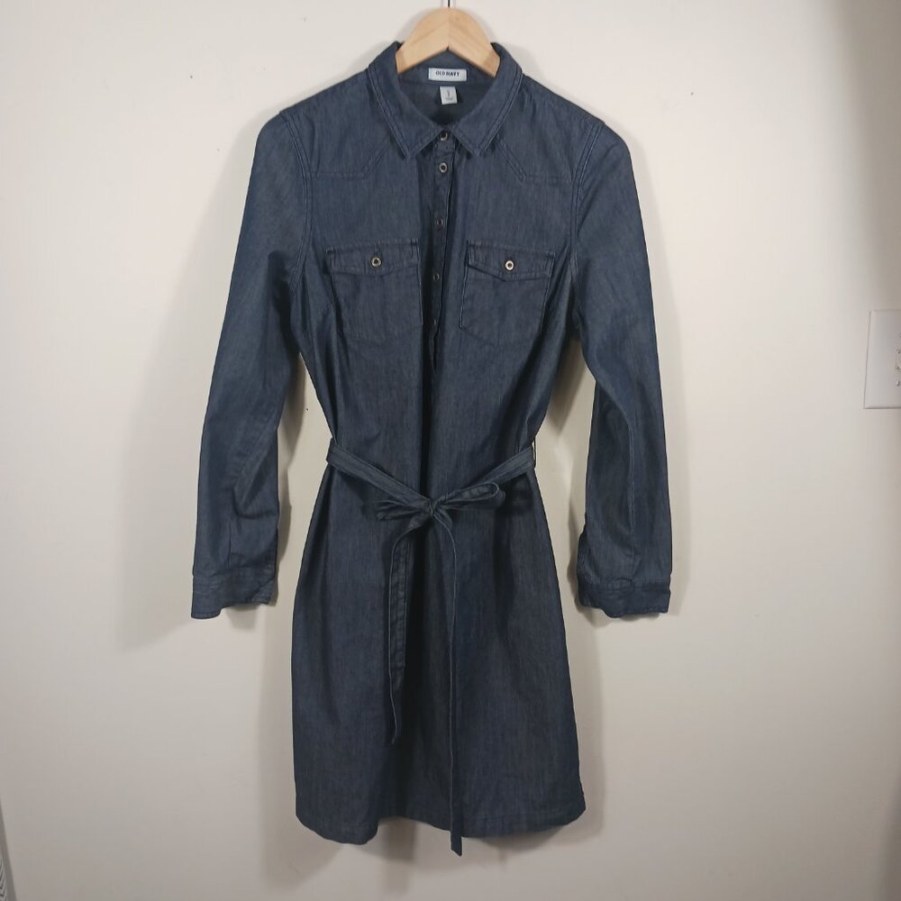 Old Navy Denim Dress, Shift with Belt, Size Medium, Long Sleeve, 1/4 Button Down - Picture 3 of 15